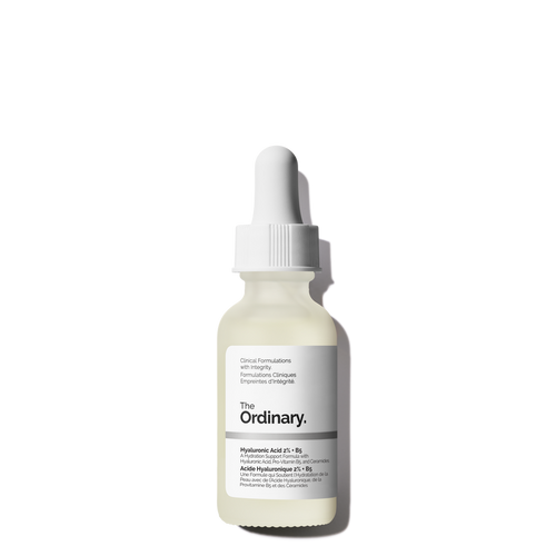 A white dropper bottle of The Ordinary Hyaluronic Acid 2% + B5 serum stands upright on a white background with a right-hand shadow. Its black and gray label is visible. Perfect to pair with the Hydrocolloid Breakout Recovery Mask for targeted acne care.